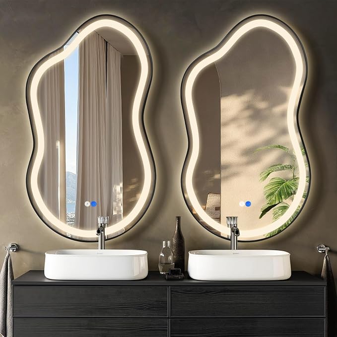 Dorlicecass Irregular Led Bathroom Mirror- Black 26"x46" Single Piece Vanity Mirror with Lights IP54 Enhanced Anti-Fog, 3 Colors Dimmable, Memory,Tempered Glass,UL Listed