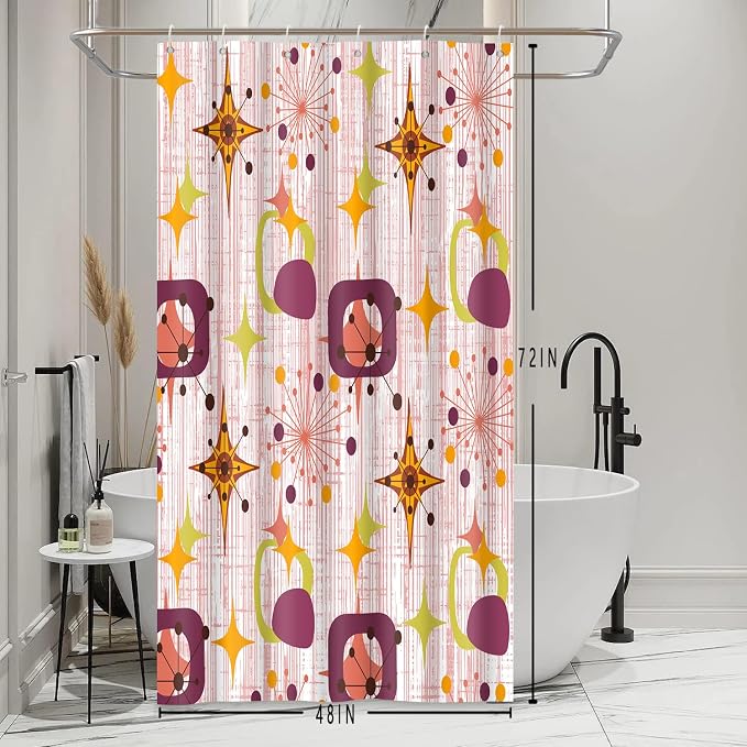 Mid Century Shower Curtain, 48x72inch, Modern Abstract Retro Red Striped Geometric Shower Curtain Sets 1950s Boho Bathroom Shower Curtain with 8 Hooks