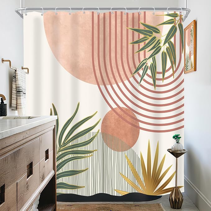 KOMLLEX Mid Century Pink Green Boho Shower Curtain 72Wx72L Inches Abstract Modern Shower Curtains for Bathroom Orange Gold Botanical Minimalist Arch Sun Fabric Liner Waterproof Polyester 12 Pack Hooks