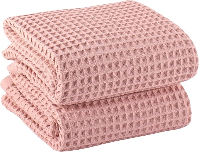 PÜSKÜL Natural 100% Turkish Cotton Waffle Bath Towels Set of 2-Piece | 32x63 inch Extra Large Absorbent Quick-Dry Lightweight Spa Towel | Luxury Sauna Accessories (Pink Powder Bath Towels - Pack of 2)