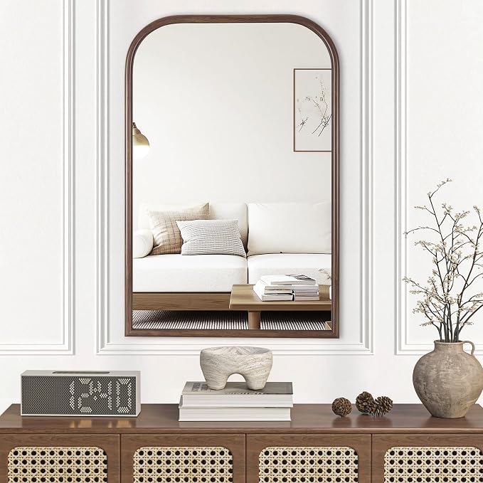 24"x36" Arch Wall Mirror Bathroom Mirror for Wall Mounted, Tempered Glass, Wood Grain Finish Frame Wall Mirror Decorative for Bedroom Living Room Entryway, Rustic Brown