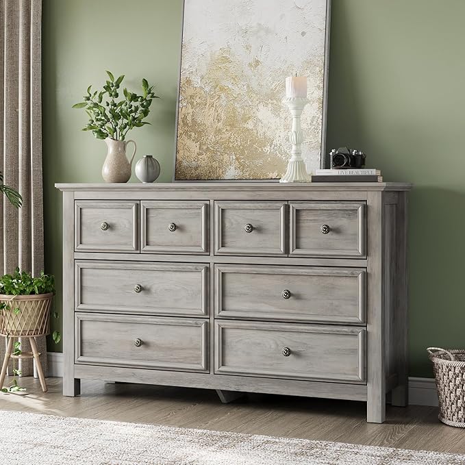 LGHM Dressers for Bedroom with 8 Drawers,54" Long Dresser Wood Legs, Modern Farmhouse Wood Chest of Drawers, Wide Dresser with Deep Drawers, Light Gray
