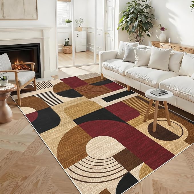 Area Rugs for Living Room, Boho Geometric Washable Rug for Bedroom Entryway Soft Low Pile Non-Slip Indoor Rugs for Dining Room Dorm Playroom, Burgundy/Brown Multi, 5'x7'