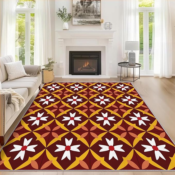 Geometric Flower Rugs for Home Decor, 5x8 ft, Mid Century Modern Area Rugs for Living Room, Soft Non Slip Washable Retro Floral Carpet Bedroom Decorations Dt-Ghf-69