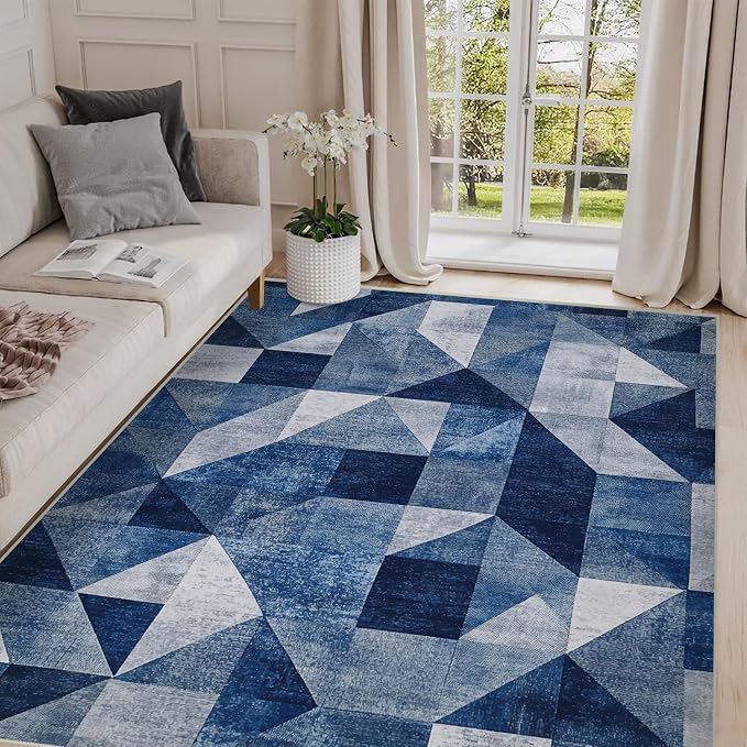 5x7 Navy Blue Area Rug Modern Geometric Blue White Beige Bedroom Rug Soft Low Pile Thin Large Carpet Living Room Non Slip Dining Room Stain Resistant Office Washable Machine