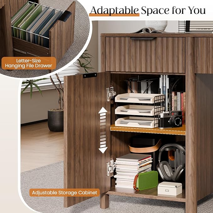 58" Fluted Home Office Desks with Storage, Modern Executive Desk Computer Desks with 5 Drawers & Cabinet, Wood Work Desk File Drawer for Office, Bedroom, Study, Living Room, Walnut