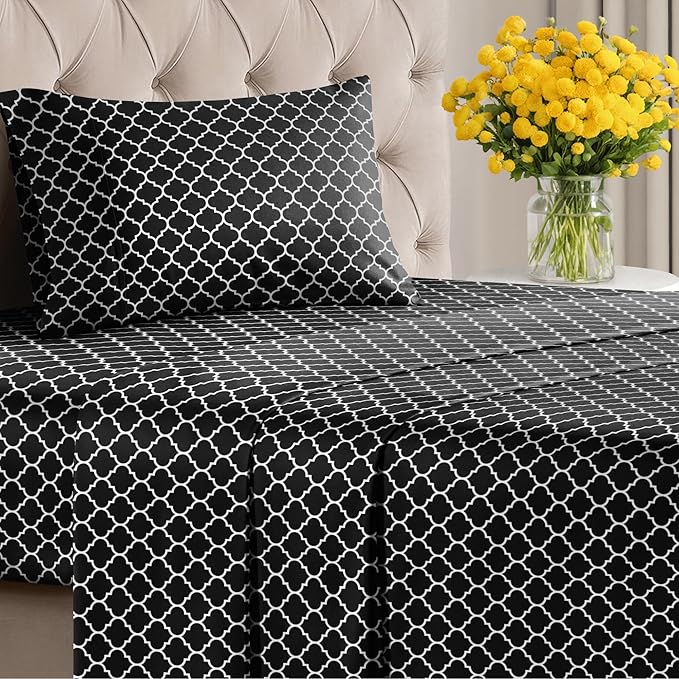 Black Geometric Bed Sheets - 1 Flat & 1 Fitted Sheet & 1 Pillowcase w/ Deep Pockets – Wrinkle & Fade Free- Ultra-Soft, Breathable and Cooling - Luxury Moroccan Bed Set – Twin Size - Black Quatrefoil