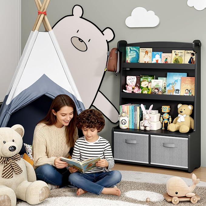 Kids Bookshelf and Toy Storage Organizer, 3 Tier Bamboo Todders Book Shelf Large Book Rack for Child Room Playroom Nursery for Kids, Children, Toddlers (Black)