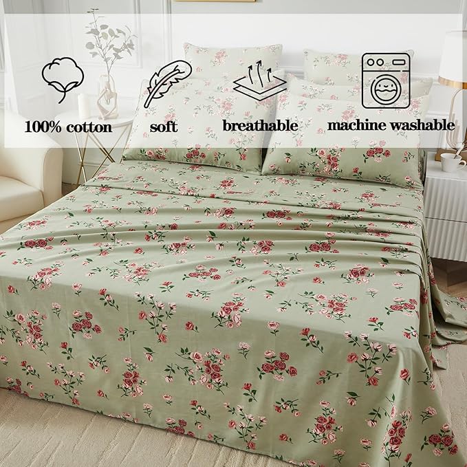 FADFAY Full Size Sheet Set 100% Cotton Sage Green Bed Sheets, French Country Red Rose Floral Pattern, Soft Cool Luxury Bedding, Shabby Vintage Style, 4 Pieces Deep Pocket Fitted Sheet
