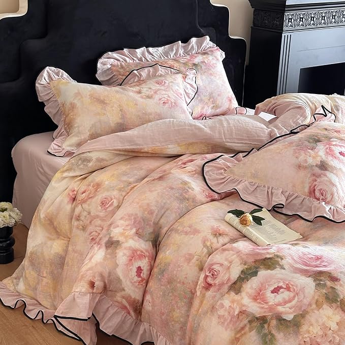 HighBuy Cottagecore Floral Linen Duvet Cover Queen for Hot Sleepers,Coquette Bedding Ruffle Duvet Cover Set Shabby Chic Yarn-Dyed Textured Bedding Set Breathable Durable Luxury with Zipper