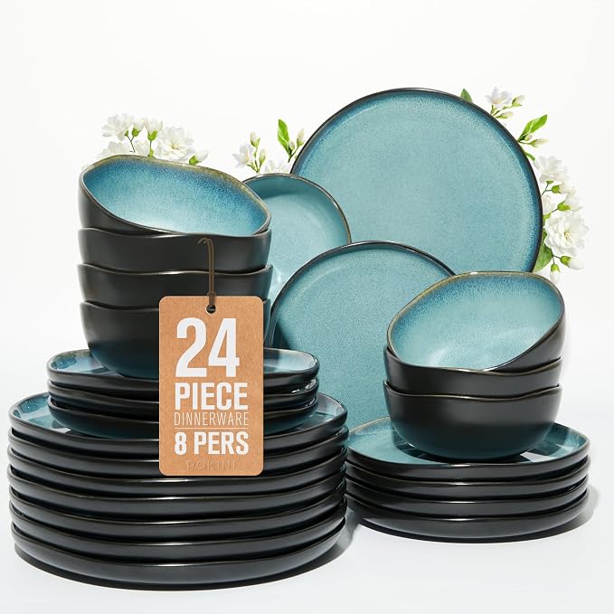 Pokini 24 Piece Stoneware Dinnerware Set for 8, Reactive Glaze Plates and Bowls Sets | Designed for Holiday Dinners, Thanksgiving, Party Hosting | Durable Irregular Coastal Design, Green Black