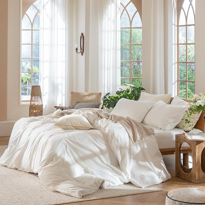 MooMee Bedding Duvet Cover Set 100% Washed Cotton Linen Like Textured Breathable Durable Soft Comfy (Solid Off White, Full 80"x90")