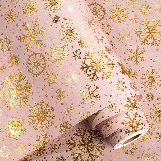 Flyhill Kraft Christmas Wrapping Paper,Snowflake Metallic Gold Embossed Foil Gift Wrap Roll, Pink and Gold Luxury Design for Holiday, Party,Celebration, New Year (17 Inch X 32.8 Feet)