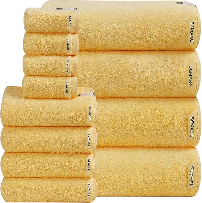 SEMAXE Bath Towel Set, 12 Piece Cotton Towel Set for Bathroom, More Towels for Family Use, Quick Dry with Hanging Loops, Easy Care, Yellow
