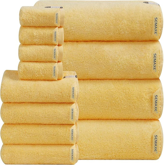 SEMAXE Bath Towel Set, 12 Piece Cotton Towel Set for Bathroom, More Towels for Family Use, Quick Dry with Hanging Loops, Easy Care, Yellow