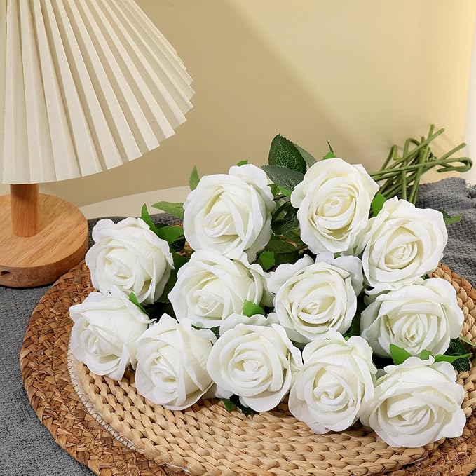 50Pcs White Roses Artificial Flowers Fake Roses Faux Velvet Silk Flower for Home Wedding Decoration (Pearl Rose, White)