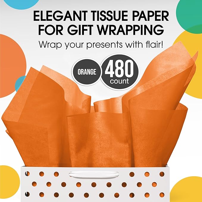 Party Solids Orange Tissue Paper for Gift Bags - 15" X 20" Bulk Tissue Paper Orange 480 Sheets - 10lb Newsprint for Packing, Birthday Gift Box Filler, Packing Supplies for Moving Supplies