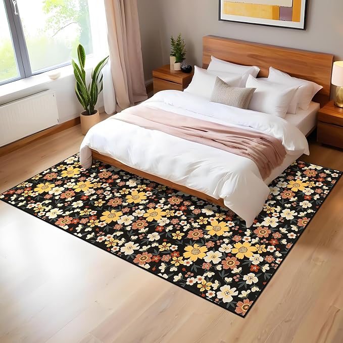 Washable 10x13 Modern Floral Area Rug for Living Room Low Pile Soft Bedroom Rugs Non Slip Abstract Floral Large Carpet Thin Foldable Modern Indoor Carpet for Playroom Open Living Room, Black