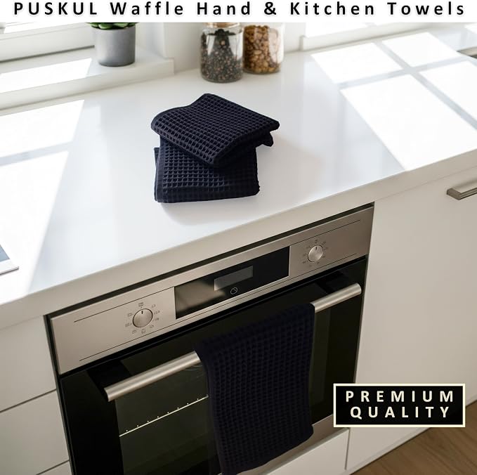 PÜSKÜL Natural 100% Turkish Cotton Waffle Kitchen Towels Set of 3 | Oeko-Tex, Premium Waffle Hand Towels for Bathroom | Soft Absorbent Quick-Dry Lint-Free Dish Towel Large 32x16 inch (3, Black)