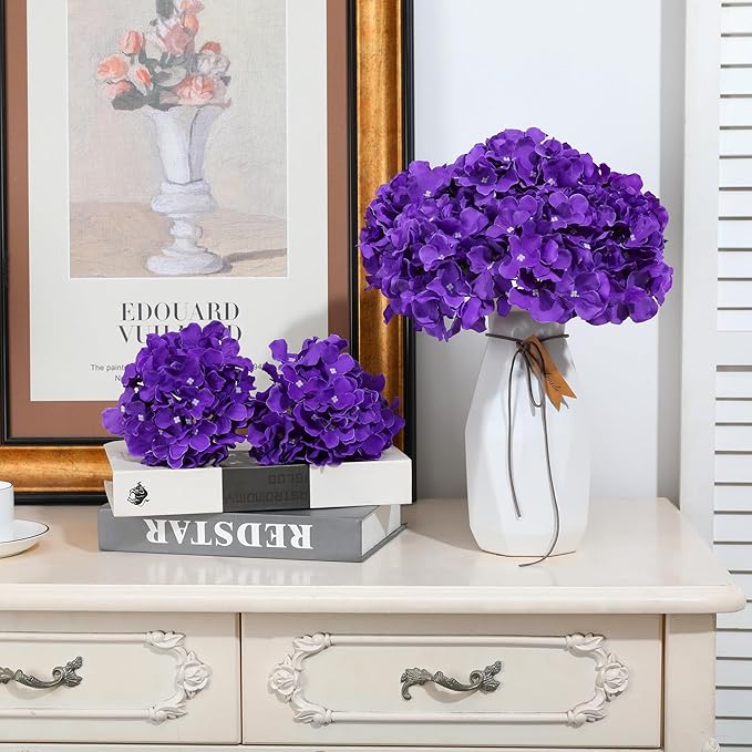 Fake Purple Hydrangea Artificial Flowers - Faux Silk Hydrangeas Flowers Heads with Stems Real Touch for Home Wedding Party Table Decor(Purple,Pack of 10)
