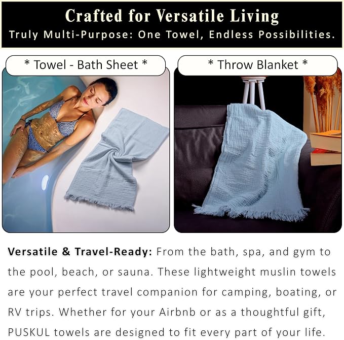 PÜSKÜL - Premium 2-Piece Oversized Muslin Bath Towel for Adult 35x70 Extra Large Bath Sheets | Natural 100% Turkish Cotton Soft Absorbent Quick-Dry Light Spa & Beach Towels (Pack of 2, Ice Blue)