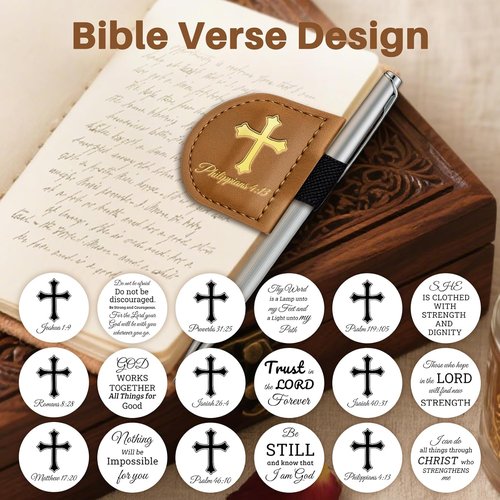 Bygone Mark | Personalized Magnetic Leather Bookmark with Pen Holder - Inspirational Bible Verse (Brown, Philippians 4:13)