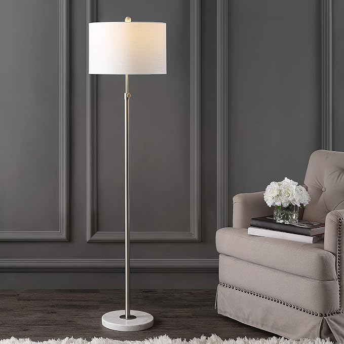 JONATHAN Y 66" Chrome and White Marble Adjustable LED Floor Lamp, Modern Glam Standing Light for Living Room Bedroom, White Linen Shade, Bulb Included (JYL3022C)