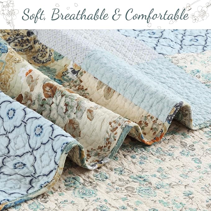 Cozy Line Home Fashions 100% Cotton Classic Patchwork Bedding Quilt Set, Blue Gray Teal Taupe Floral Bohemian Style Reversible Bedspread Coverlet (Carolina Bloom, King - 3 Piece)