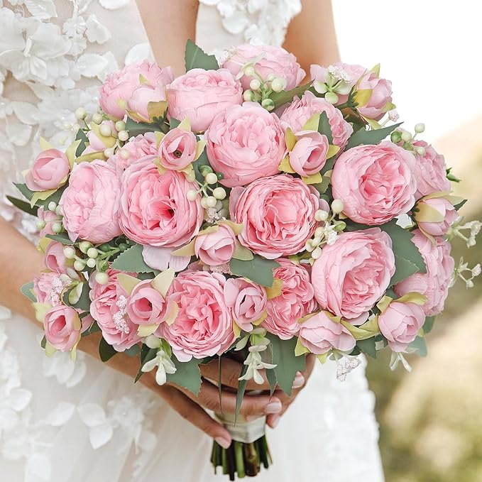 SOMYTING Peonies Artificial Flowers, Silk Flowers Faux Peonies Bouquet Fake Flowers Silk Floral Arrangements Dining Table Centerpieces for Home Wedding Party Decoration (Light Pink, 4PCS)