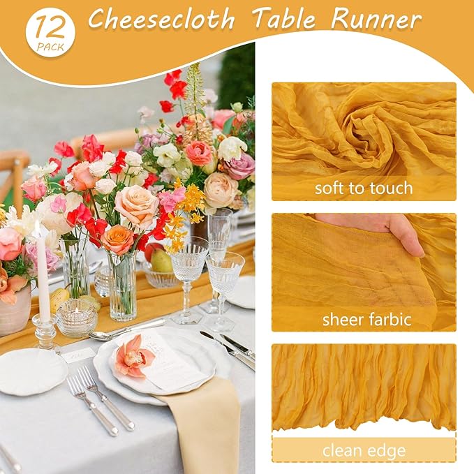 12 Pack 10Ft Cheesecloth Table Runner 35x120 Inch Boho Gauze Table Runner Rustic Cheese Cloth Long Romantic Table Runners for Wedding Bridal Shower Birthday Party Table Decor (Mustard)