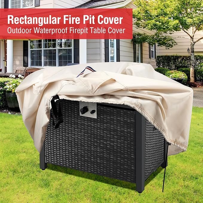 Youlvy Fire Pit Cover Rectangular 52 Inch - Waterproof Outdoor Fire Table Cover Rectangle Heavy Duty, 600D Patio Propane Gas Firepit Cover Rectangular Tear Weather Resistant - 52 x 36 x 20 Inch Beige