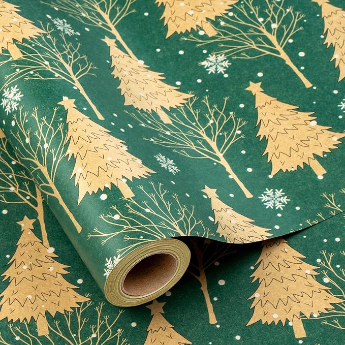 MAYPLUSS Green Kraft Christmas Wrapping Paper - 17Inch X 33Feet - Recyclable Festival Holiday Winter Woodland Matte Green Christmas Tree Kraft Gift Wrap Paper for Holiday, Party Decor, Celebration