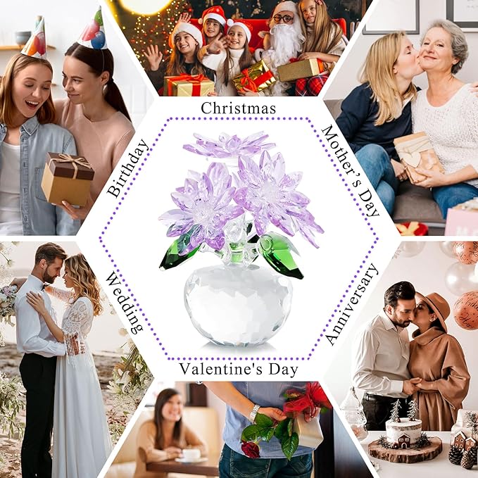 YWHL Purple Crystal Flower Figurines Decor, Beautiful Glass Flower Statue with Crystal Stand, Art Collectible Figurine Gifts for Wife Girlfriend