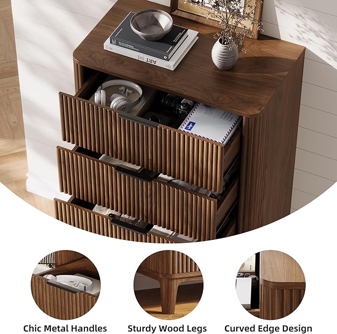 45" Fluted 5 Drawers Dresser for Bedroom, Modern Tall Chest of Drawers with Wood Grain, Farmhouse Wooden Vertical Dresser, Curved Profile Design, Wood Drawer Organizer for Closet, Hallway Walnut