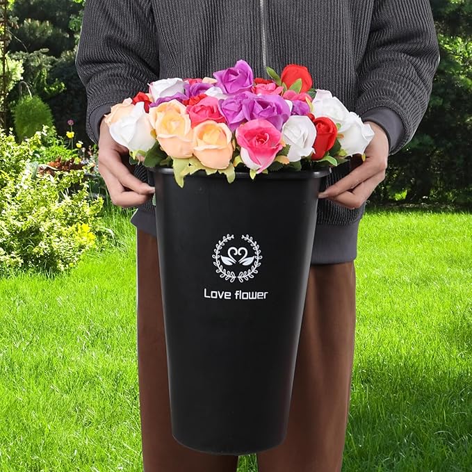 Yuright 16.02 Inch Black Tall Flower Bucket, 4 Pack Floral Display Buckets Plastic, Farmhouse French Flower Bucket with Cutout Handles