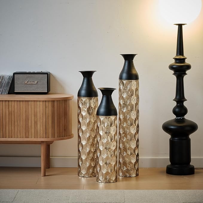 Metal Floor Vases Decorative, Set of 3 Flower Arrangement Stand, Metal Decorative Vase Tall Distressed Metallic Centerpiece Vases with 3D Triangle Pattern, 33.8", 29", 24.8" H (Black1＆Gold1)
