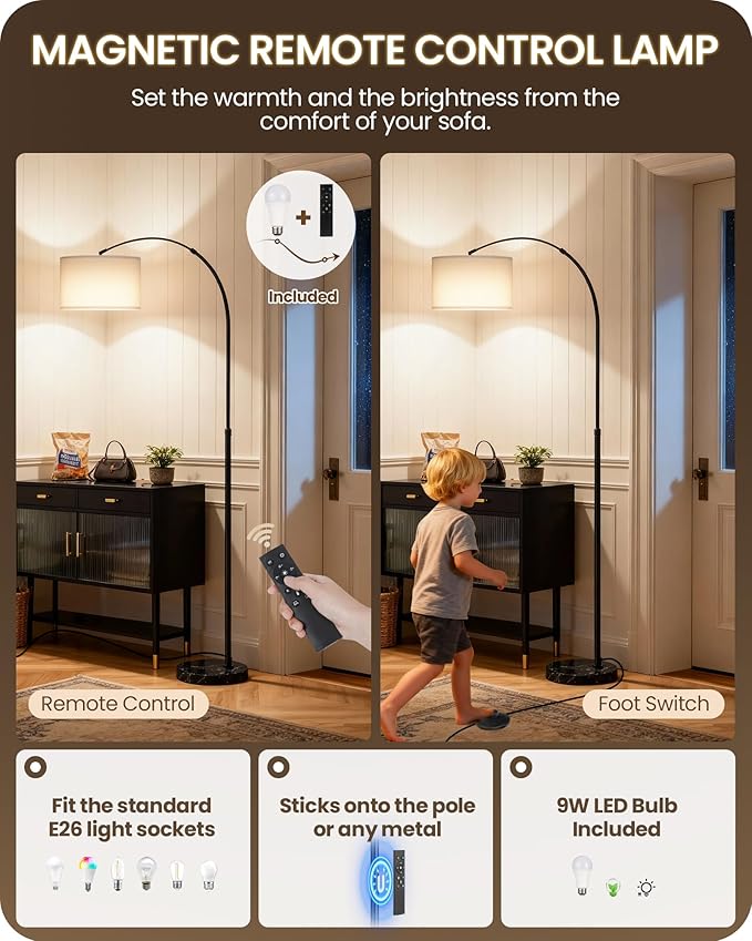 75" Arc Floor Lamp with Marble Base and Adjustable Height, Rotating Hanging Shade, Dimmable Floor Lamp for Living Room with Remote and Foot Switch, 3CCT, Over Couch Arched Light, White Shade W15LD05