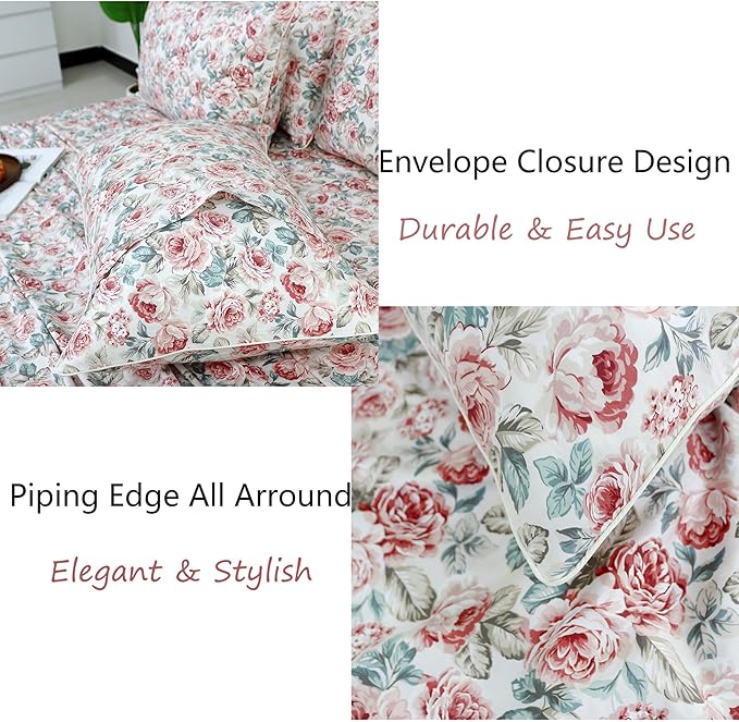 FADFAY Rose Floral Sheets Set King Vintage Red Floral Bedding Shabby Rustic Rose Sheets French Country Farmhouse Bedding 800 Thread Count 100% Egyptian Cotton Deep Pocket Fitted Sheet 4Pcs, King Size