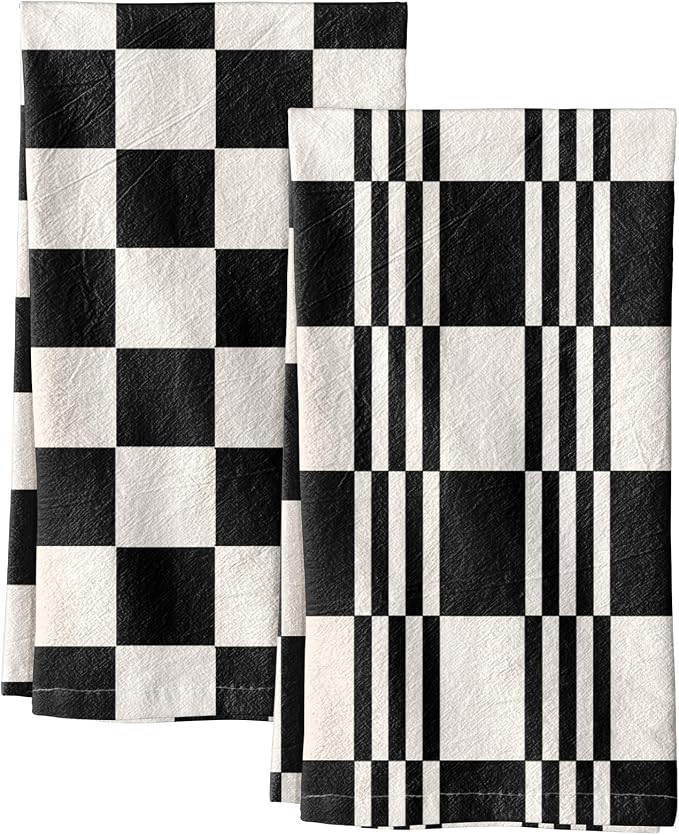 Miss Adola 2 Pack Flour Sack Kitchen Towels - 16x26 Inch Black and White Cotton Dish Towels with Hanging Loop Reusable Modern Tea Towel Absorbent Dishcloths Home Decor, Checkered