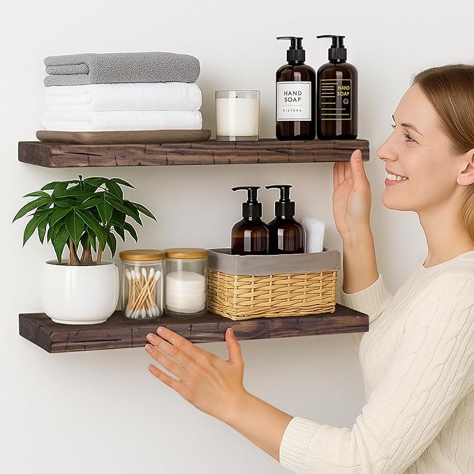BGMG Floating Shelves 24 inch Long, Distressed Rustic Wooden Wall Shelves for Bathroom Living Room Bedroom Kitchen Farmhouse Set of 2-24x6.7x1.25 inch-Distressed Walnut