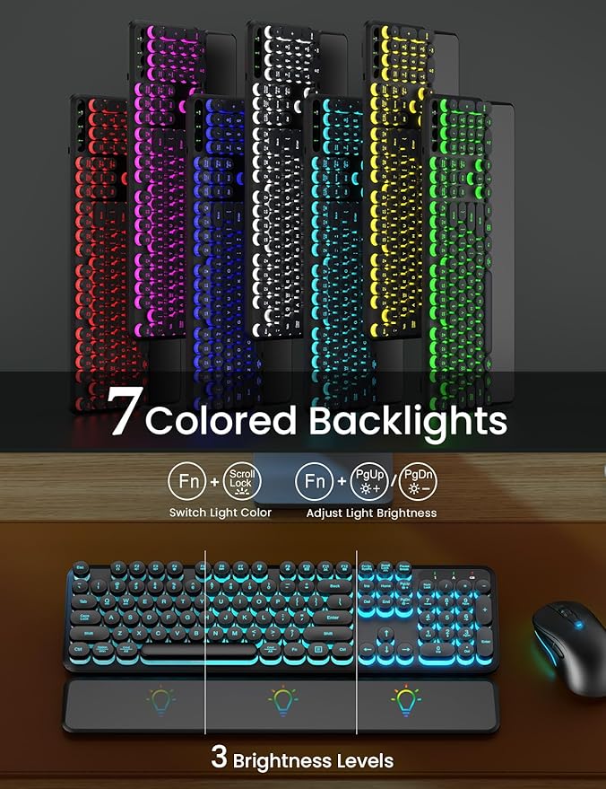Wireless Keyboard and Mouse Backlit - Typewriter Keyboard with Magnetic Wrist Rest, Retro Round Keycaps, Light Up Letters, 2.4GHz Cordless Combo for Mac, Windows, PC, Laptop, Trueque [Upgraded]