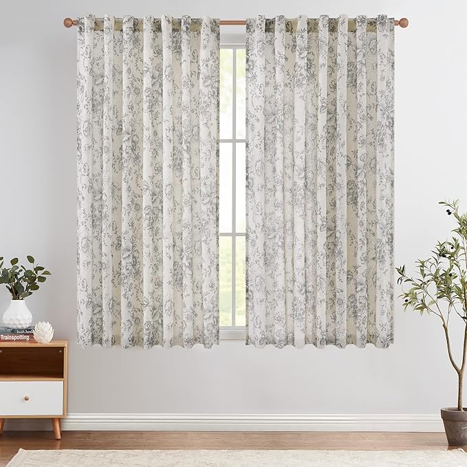 jinchan Linen Blend Curtain Floral Curtains for Living Room 63 Inch Length Grey Printed Curtain Rod Pocket Back Tab Farmhouse Peony Flower Patterned Drapes Bedroom Window Curtains Set 2 Panels