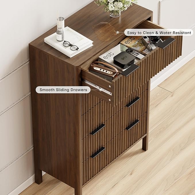 47" Tall Dressers for Bedroom Fluted 5 Drawer Dresser, Wooden Dresser Modern Chest of Drawers Dressers with Organizer Storage for Bedroom, Living Room, Entryway, Walnut