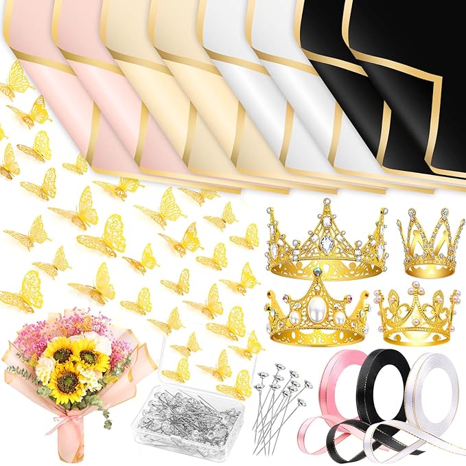 cridoz 195Pcs Flower Bouquet Accessories Supplies, 40 Flower Wrapping Paper, 4 Gold Crowns, 48 Butterfly Decorations, 100 Flower Pins and 3 Ribbons for Mother's Day Wedding Baby Shower Graduation