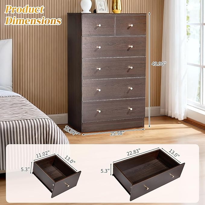 Karl home Brown 6 Drawer Dresser for Bedroom, Modern Wood Dresser Chest of Drawers, Bedroom Modern Nightstand, Anti-Tipping Device, Rose Gold Metal Handle, Living Room, Hallway, Office