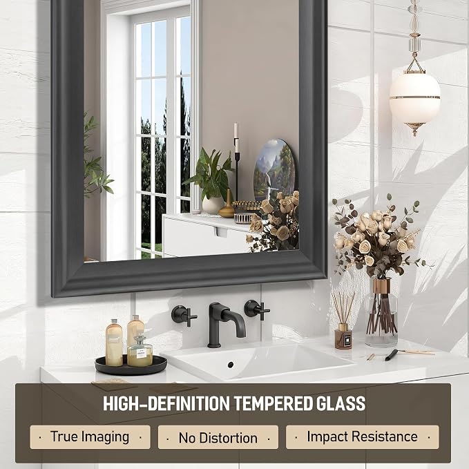CULER Wall Grey Mirror for Bathroom,Rectangle Rustic 24 x 36 inch Hanging Vanity Mirrors with Wood Grain Finish Frame for Living Room,Bedroom,Entryway