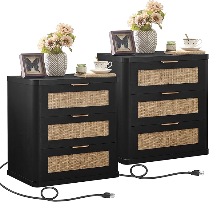 LEYAOYAO Rattan Night Stand Set of 2 with Charger Station, 23" Large 3 Drawer Boho Nightstand, Black Bedside Table Storage Cabinet, Bed Side End Tables for Bedroom, Living Room, Hallway