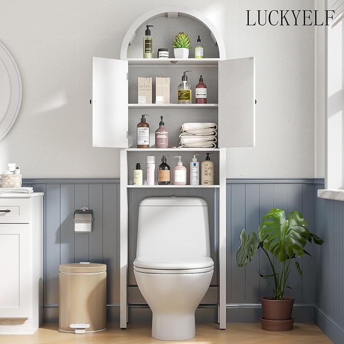 White Over The Toilet Storage Cabinet with Fluted Doors, 4 Tier Small Bathroom Shelf Organizer, Arched Bathroom Cabinet with Adjustable Shelf, Narrow Slim Toilet Rack, Anti-Tipping Device, Wood