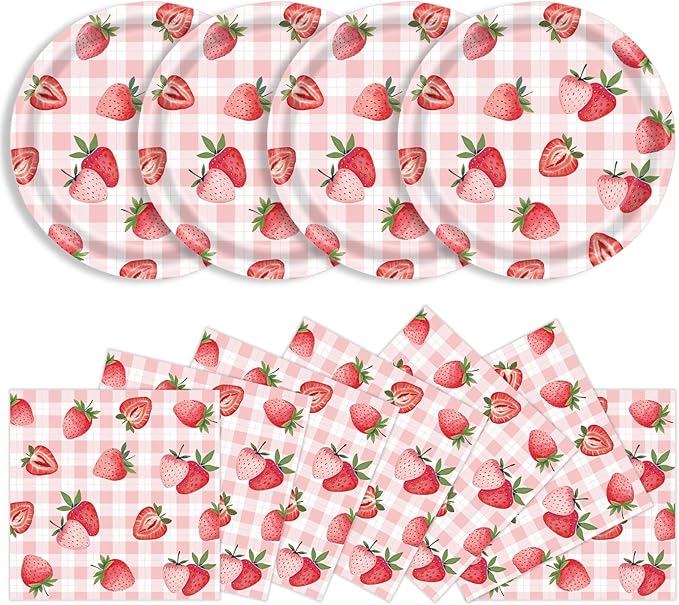 40 Pcs Strawberry Plates and Napkins Party Supplies, Pink Gingham Disposable Paper Plates and Napkins Tableware Set for Strawberry Shortcake Baby Shower Birthday Party Decorations