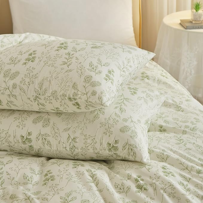 Garden Style Green Floral Comforter Set Full Size White Soft Fluffy Microfiber Comforter Chic Floral Printed Bedding Set Vintage Flowers Leaves Botanical Comforter Set All Seasons Full Comforter Set